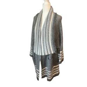 Zara Knit Cardigan Sweater Womens S Gray White Striped Open Front Fringe Pockets